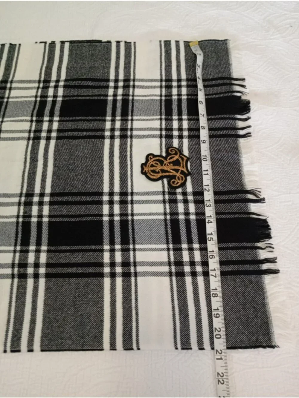 Lauren Ralph Lauren Black White Plaid Scarf Embroidery Fringed Edges